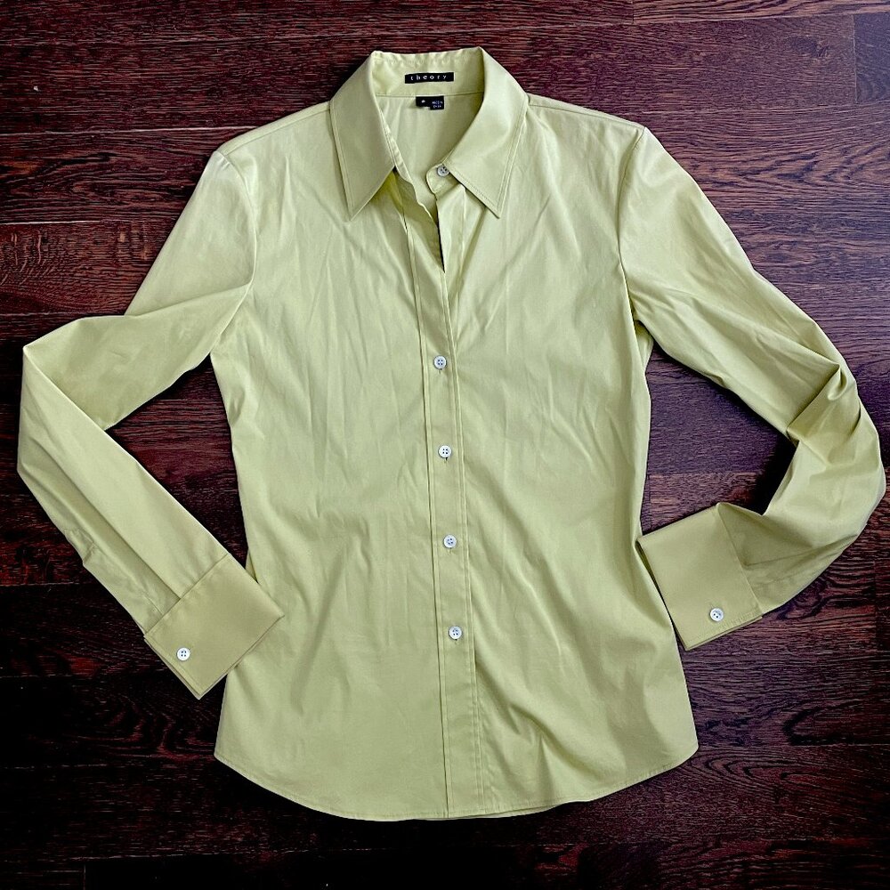 Theory Stretch Cotton "Ivy" Shirt Blouse-Pale Chartreuse Green-Sz 0/XS